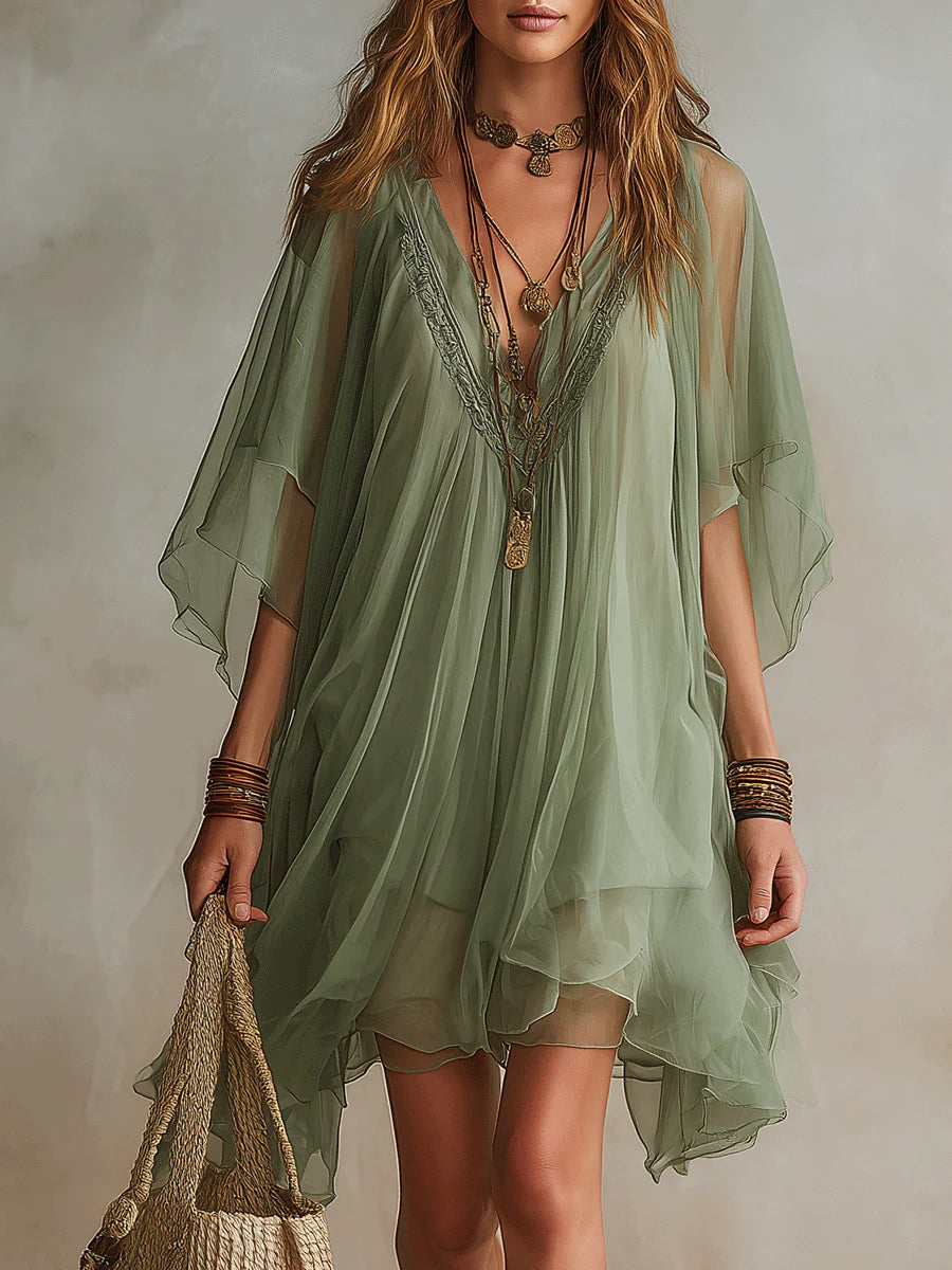 Zöld Chiffon Mini Lebegő Ruha V-kivágással