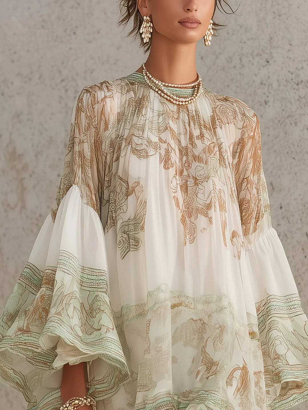 Zöld Chiffon Mini Ruha Rózsás Ujjakkal