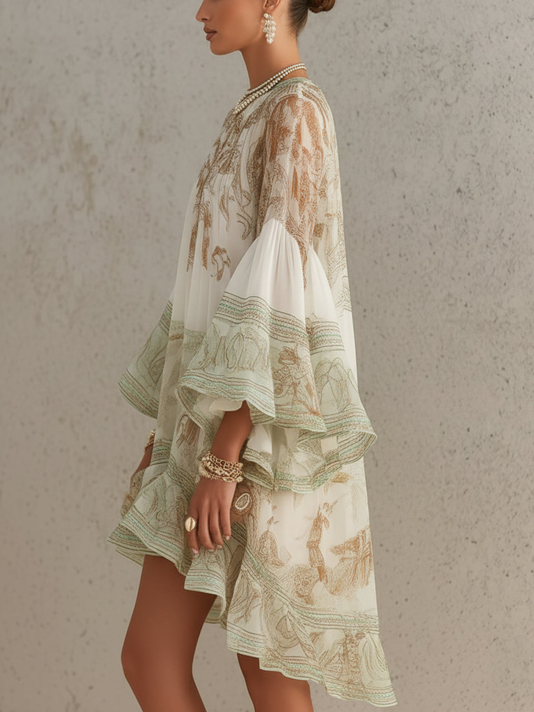 Zöld Chiffon Mini Ruha Rózsás Ujjakkal