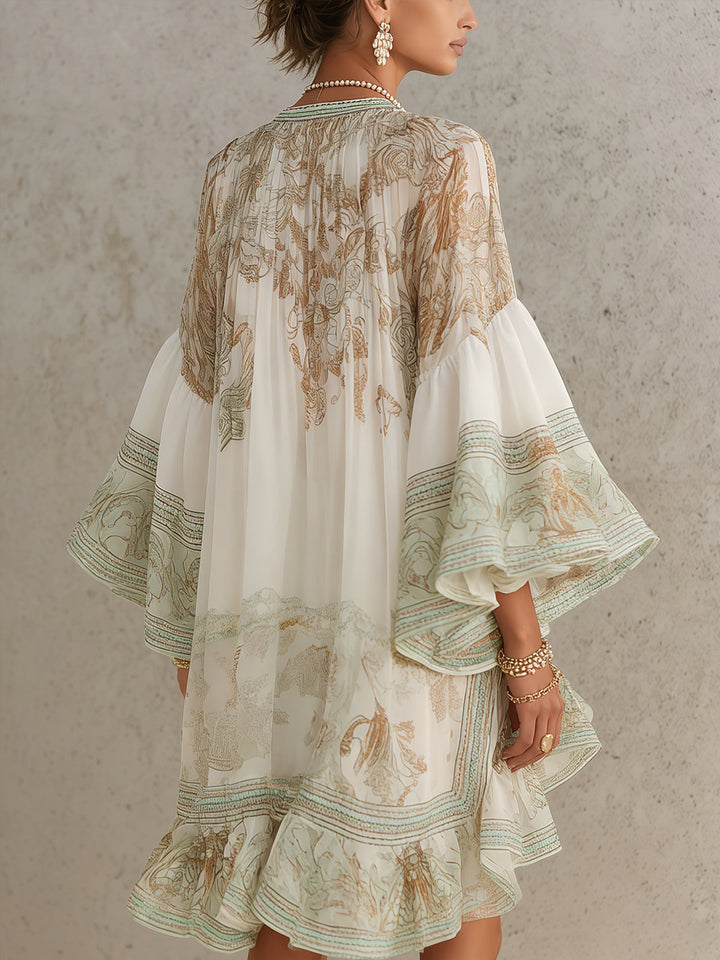 Zöld Chiffon Mini Ruha Rózsás Ujjakkal