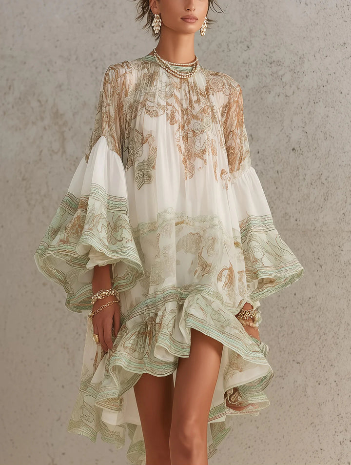 Zöld Chiffon Mini Ruha Rózsás Ujjakkal