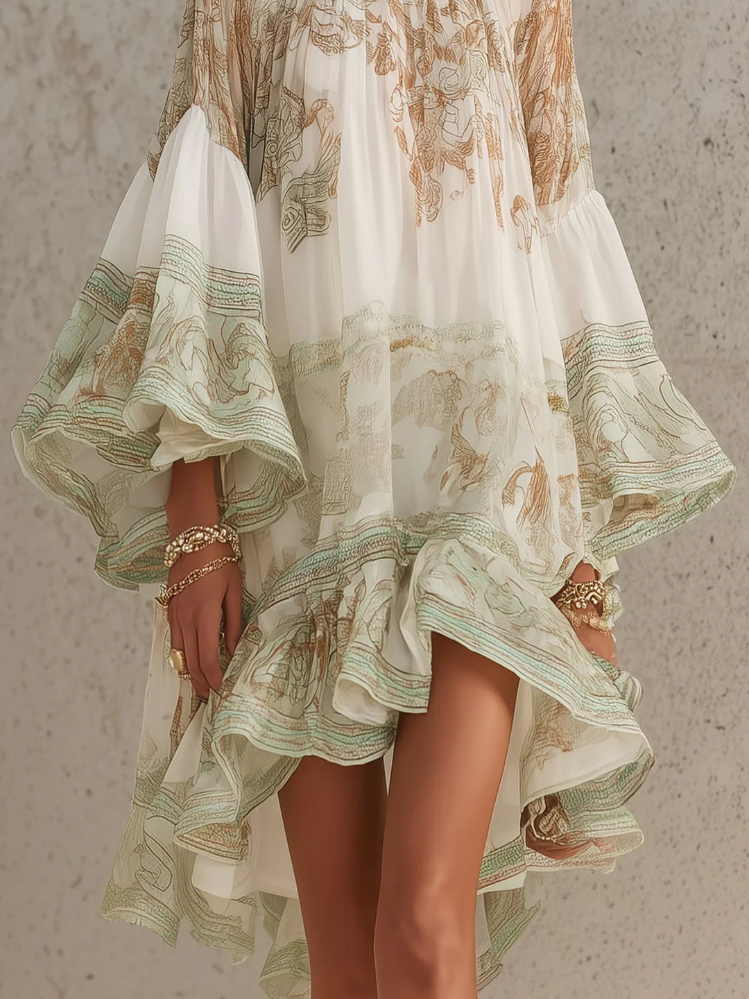 Zöld Chiffon Mini Ruha Rózsás Ujjakkal