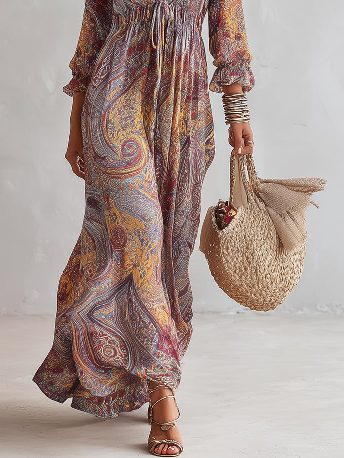 Maxi Ruha Chiffonból Paisley Mintával és V-kivágással