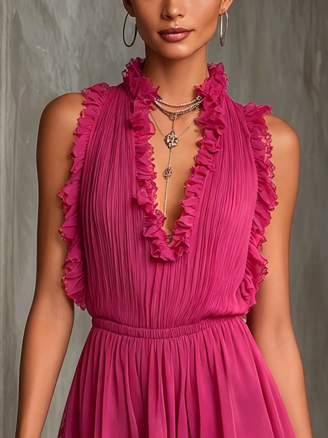 Ráncolt Chiffon Jumpsuit Rózsaszín Csíkkal - Image 3