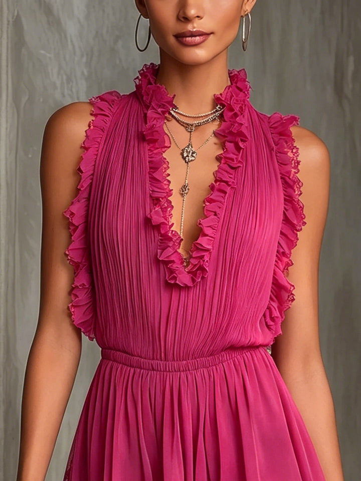 Ráncolt Chiffon Jumpsuit Rózsaszín Csíkkal - Image 3
