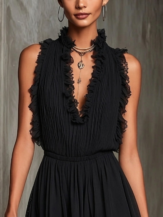 Chiffon Pieghettato Jumpsuit Fekete Rózsás Szegéllyel - Image 3