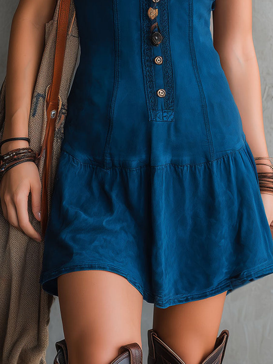 Ujjatlan Mini Ruha V-kivágással és Gombokkal Boho Indigo