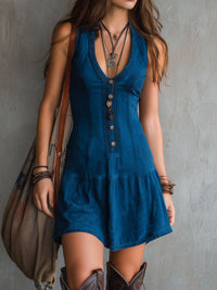 Ujjatlan Mini Ruha V-kivágással és Gombokkal Boho Indigo