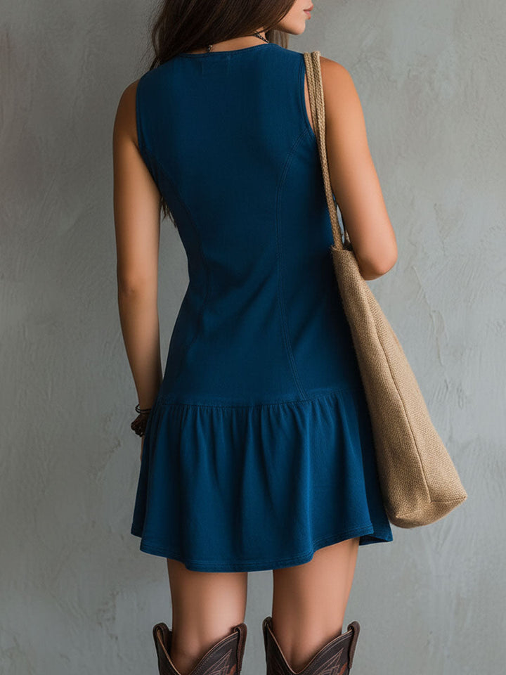 Ujjatlan Mini Ruha V-kivágással és Gombokkal Boho Indigo