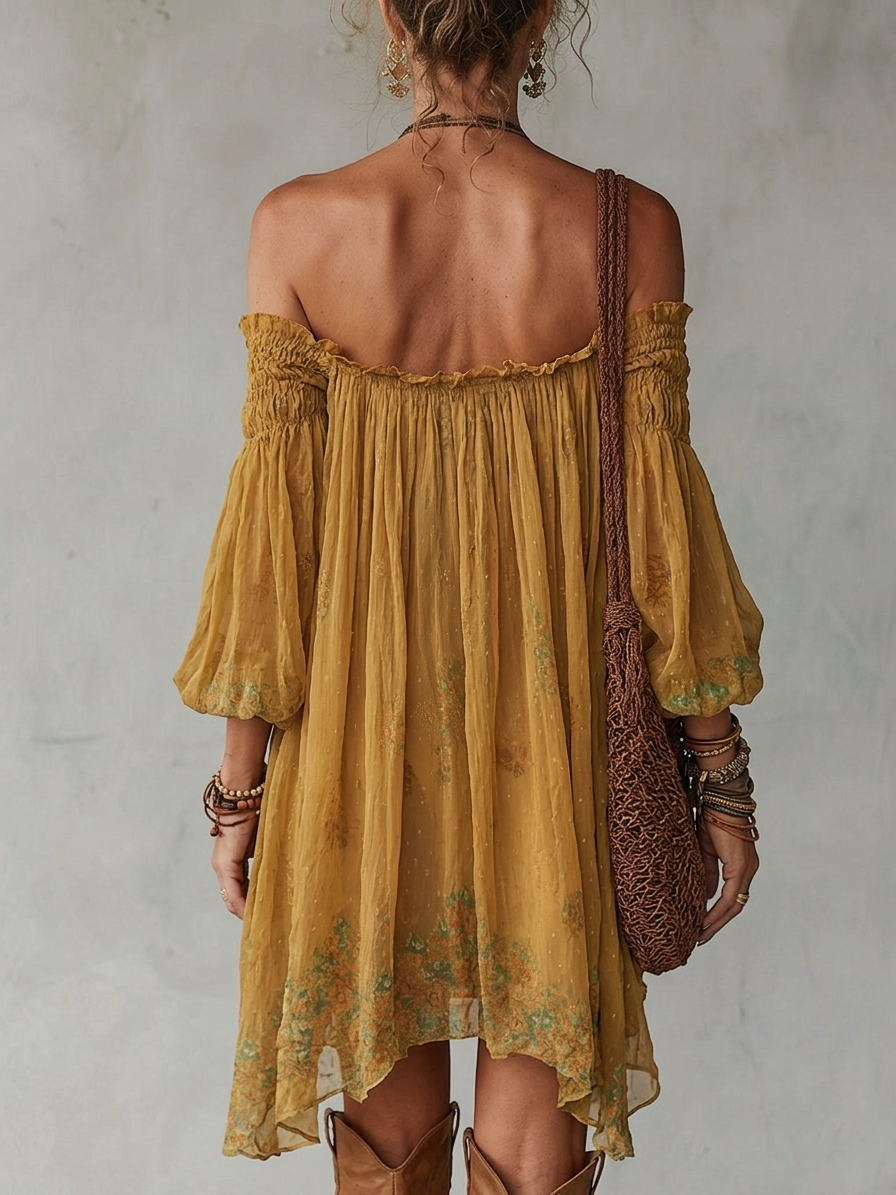 Sárga Chiffon Mini Ruha Virágos, Váll nélküli - Image 2