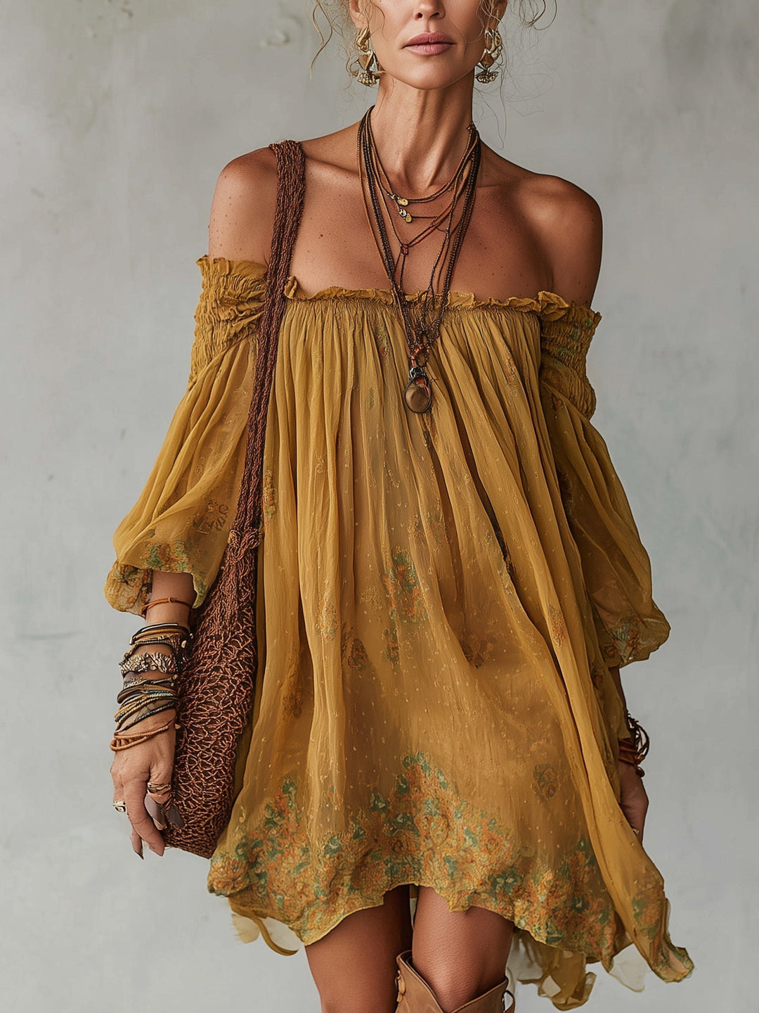Sárga Chiffon Mini Ruha Virágos, Váll nélküli - Image 1