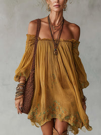 Sárga Chiffon Mini Ruha Virágos, Váll nélküli