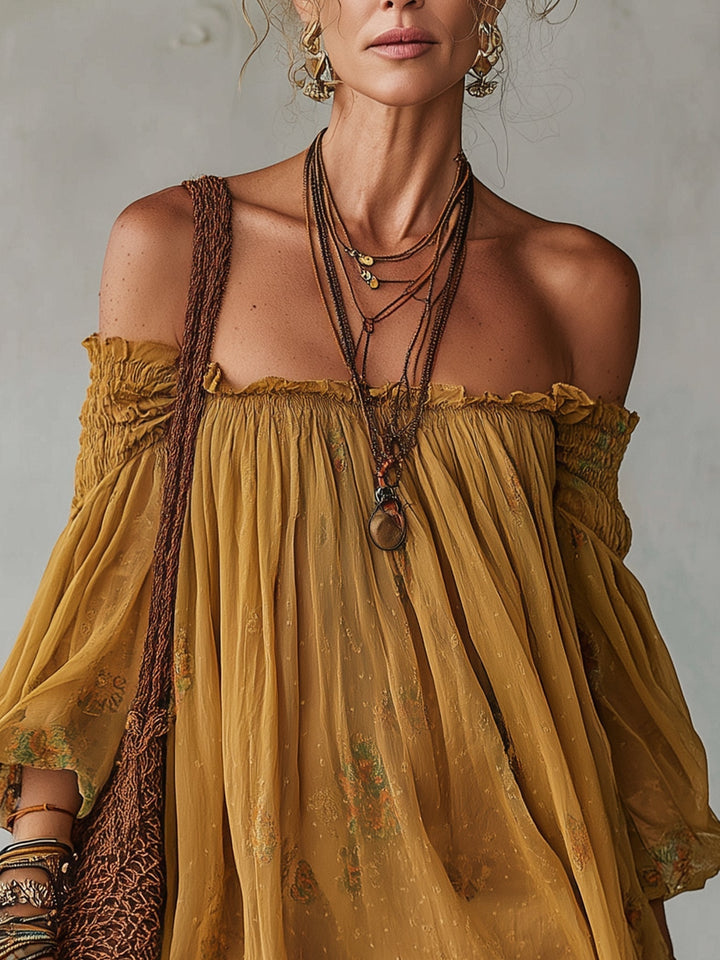 Sárga Chiffon Mini Ruha Virágos, Váll nélküli - Image 3
