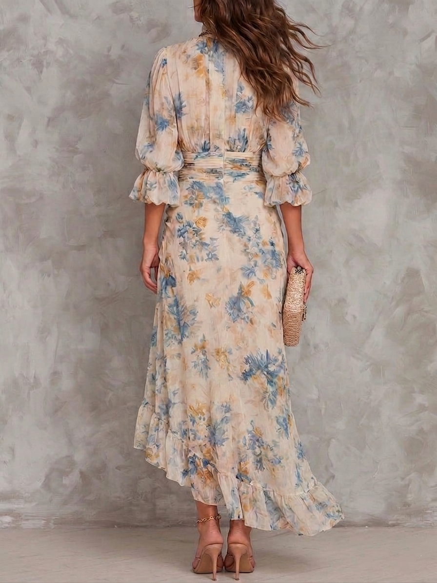 Irreguláris Chiffon Maxi Ruha Virágmintával és Magas Nyakkal Bézs