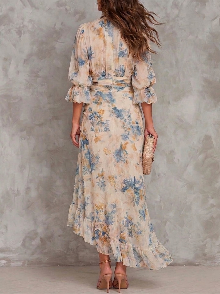 Irreguláris Chiffon Maxi Ruha Virágmintával és Magas Nyakkal Bézs