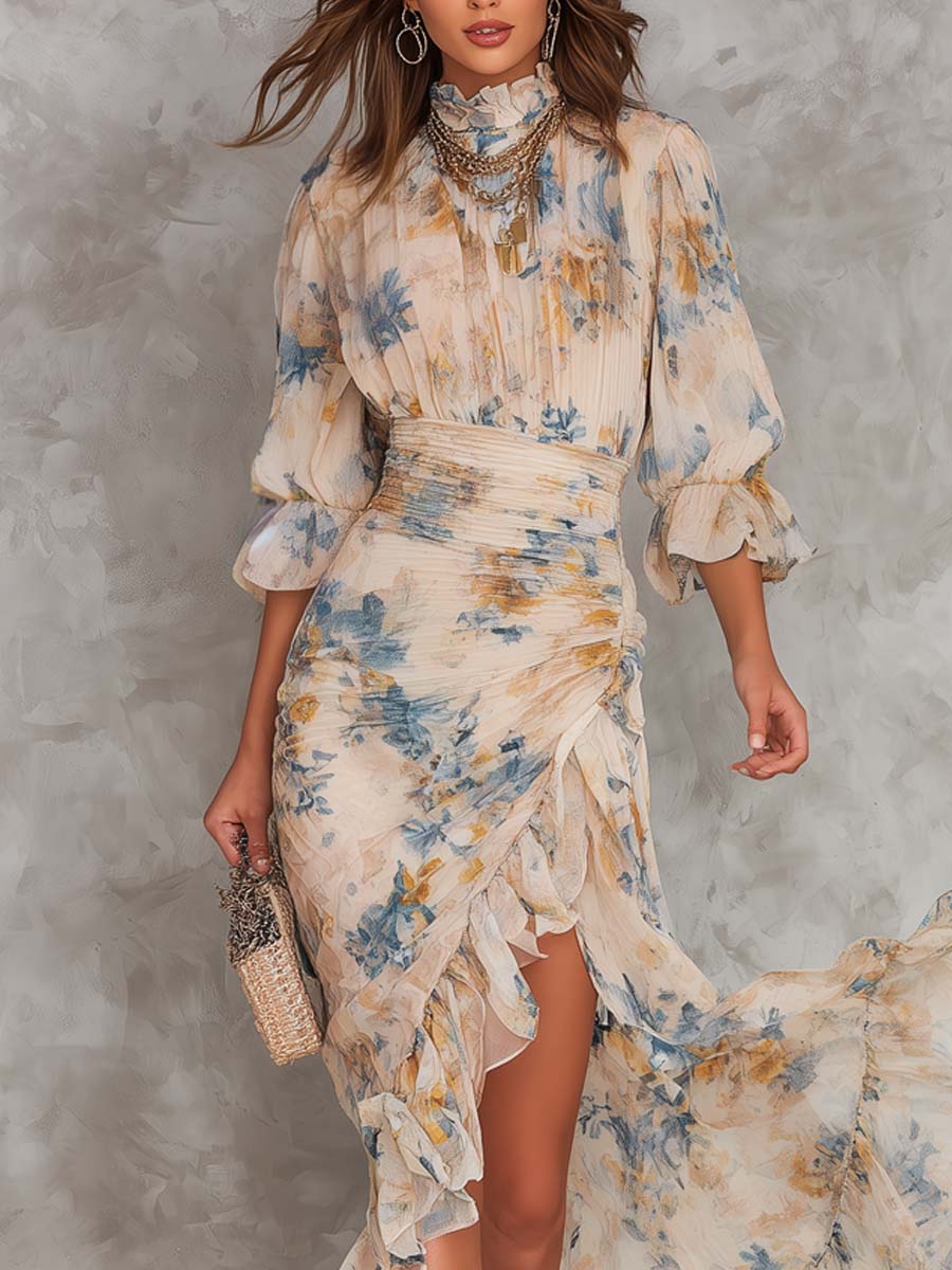 Irreguláris Chiffon Maxi Ruha Virágmintával és Magas Nyakkal Bézs