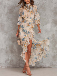 Irreguláris Chiffon Maxi Ruha Virágmintával és Magas Nyakkal Bézs