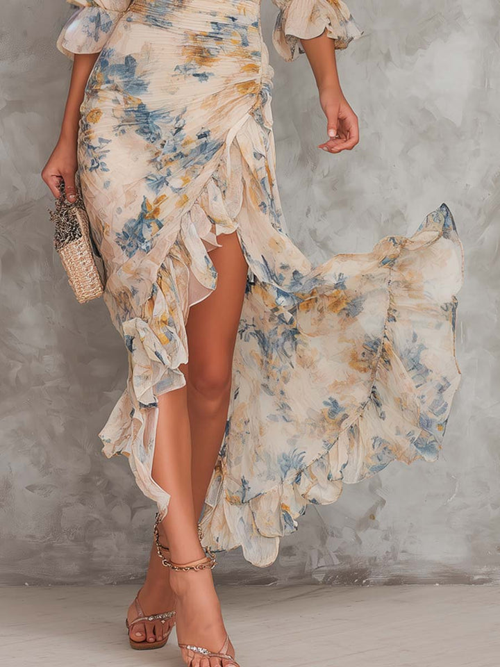 Irreguláris Chiffon Maxi Ruha Virágmintával és Magas Nyakkal Bézs