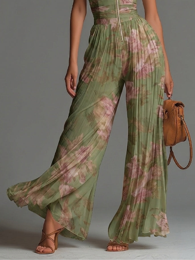 Zöld Virágmintás Chiffon Ujjatlan Overall Cipzárral és Bő Szárral