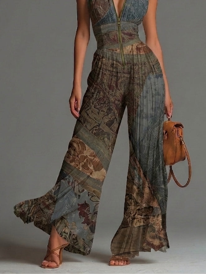 Ujjatlan chiffon overál etno bohémtással, cipzárral és bő pliszírozott nadrággal