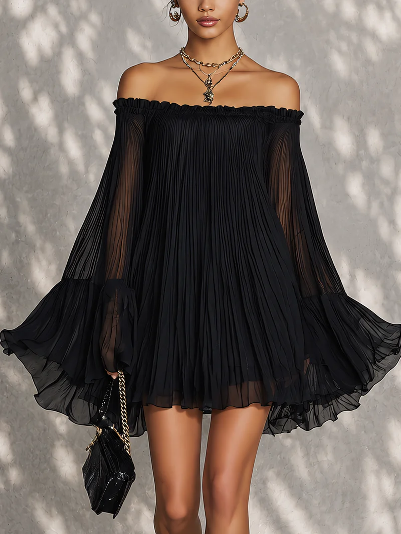 Fekete Mini Ruha Harang Ujjakkal és Off-shoulder Részletekkel - Image 1