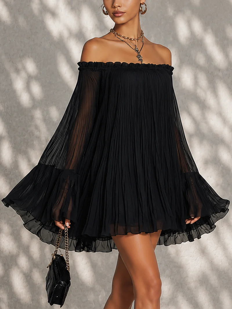 Fekete Mini Ruha Harang Ujjakkal és Off-shoulder Részletekkel - Image 2