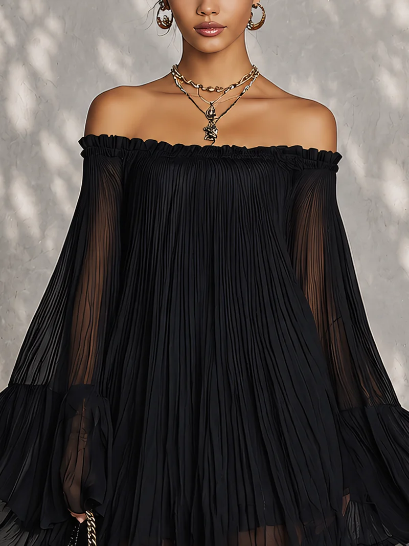 Fekete Mini Ruha Harang Ujjakkal és Off-shoulder Részletekkel - Image 4