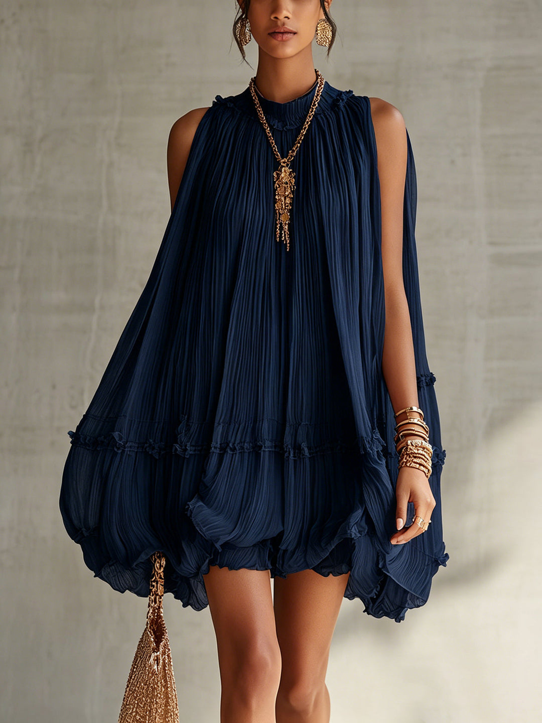 Mini Bubble Ruha Chiffon Ruffle Halter Nyakkal Tengerészkék - Image 1