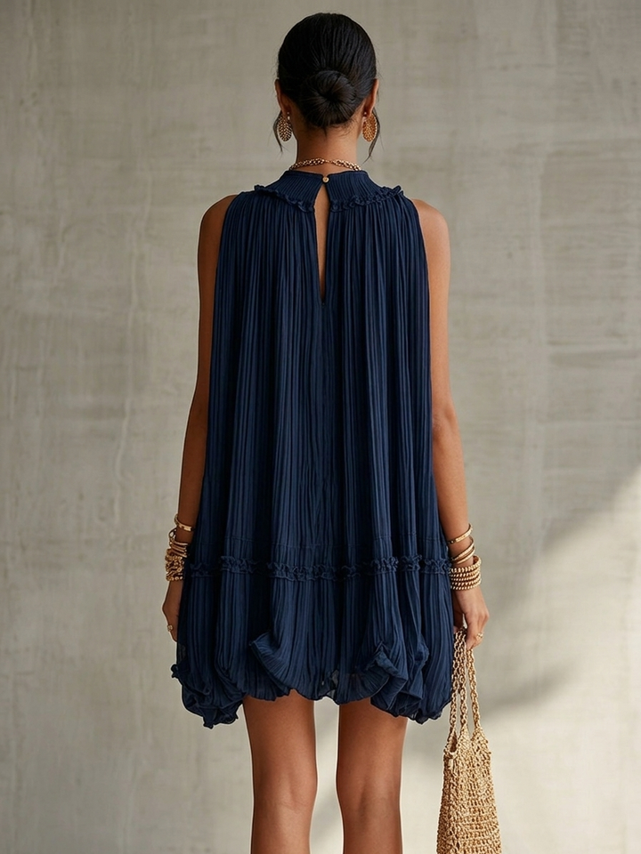 Mini Bubble Ruha Chiffon Ruffle Halter Nyakkal Tengerészkék - Image 3
