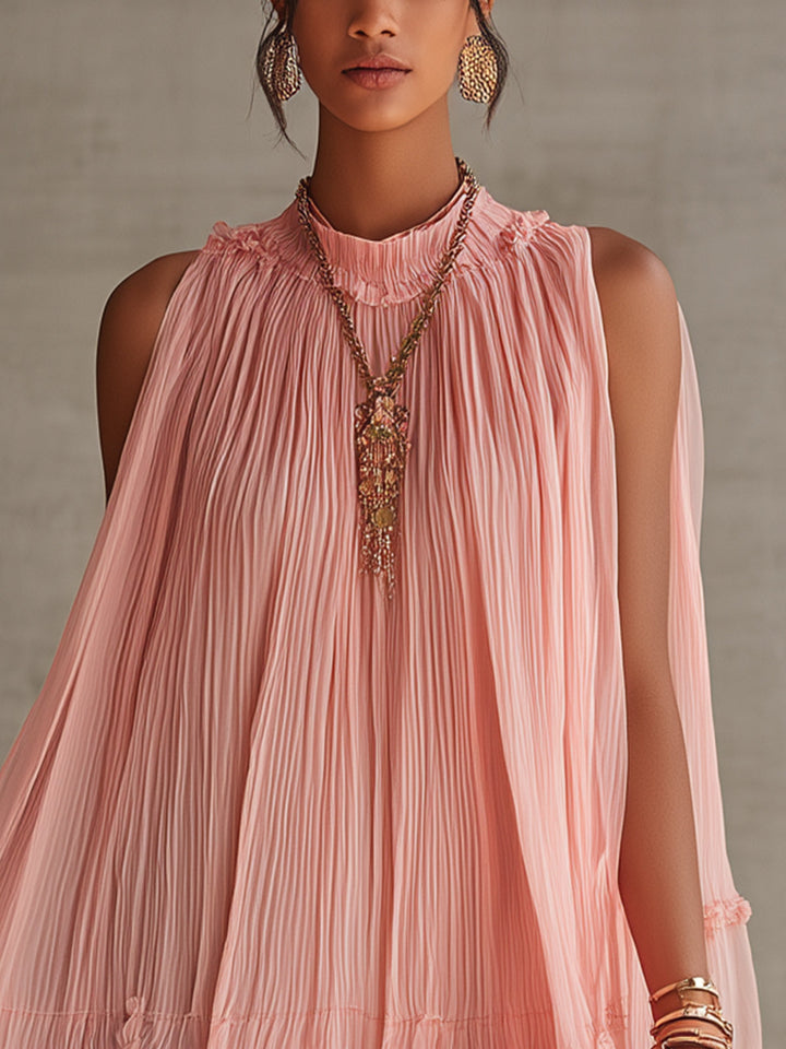 Rózsaszín Csíkos Mini Chiffon Ruha Halter Kivágással - Image 3