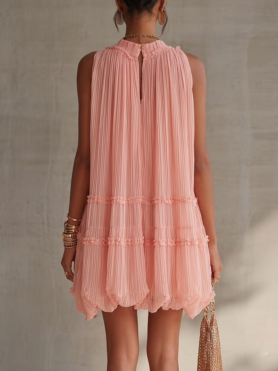 Rózsaszín Csíkos Mini Chiffon Ruha Halter Kivágással - Image 2