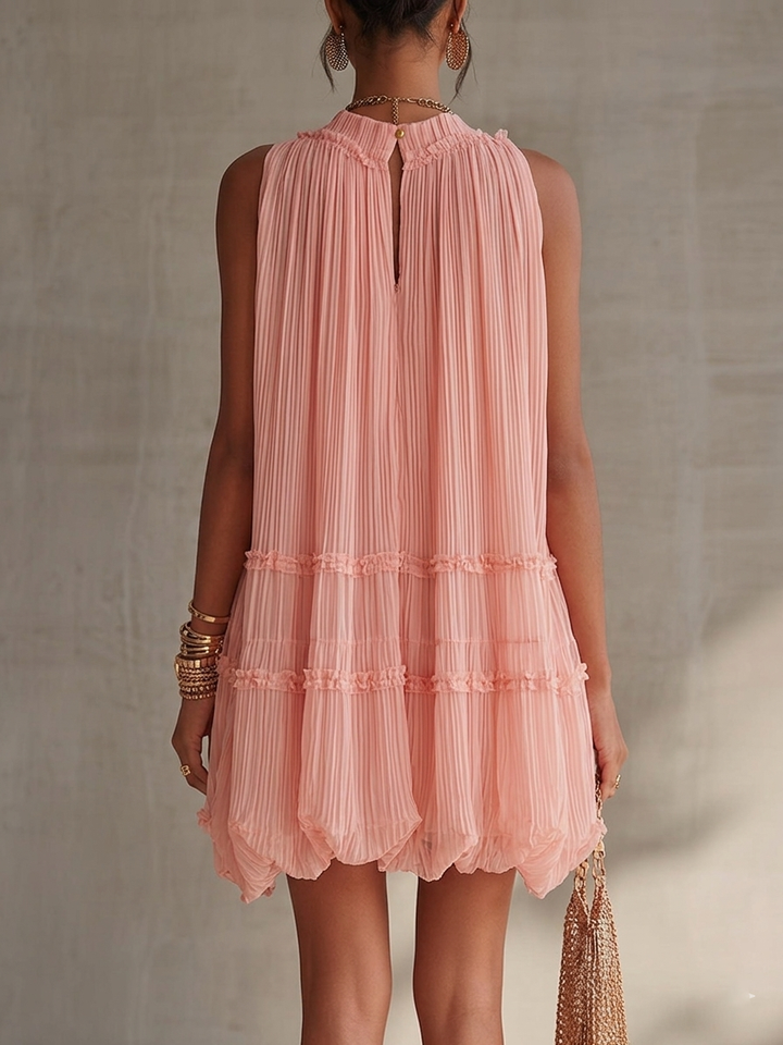 Rózsaszín Csíkos Mini Chiffon Ruha Halter Kivágással - Image 2