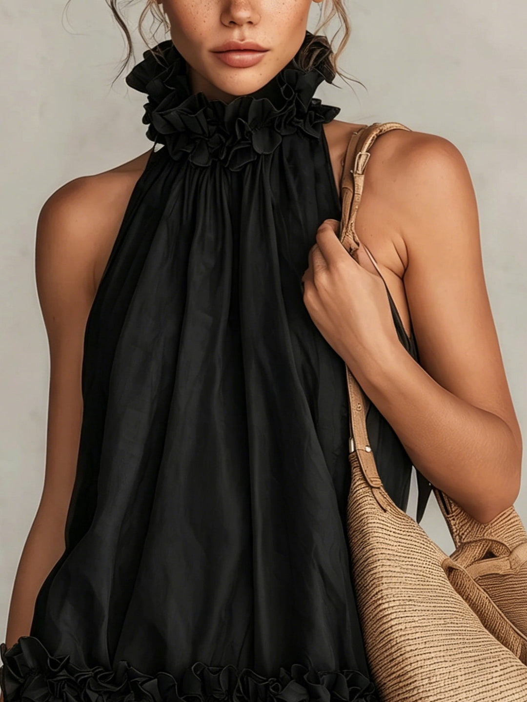 Fekete Chiffon Ujjatlan Mini Ruha Halter Nyakkal, Ráncolt Szegéllyel - Image 3