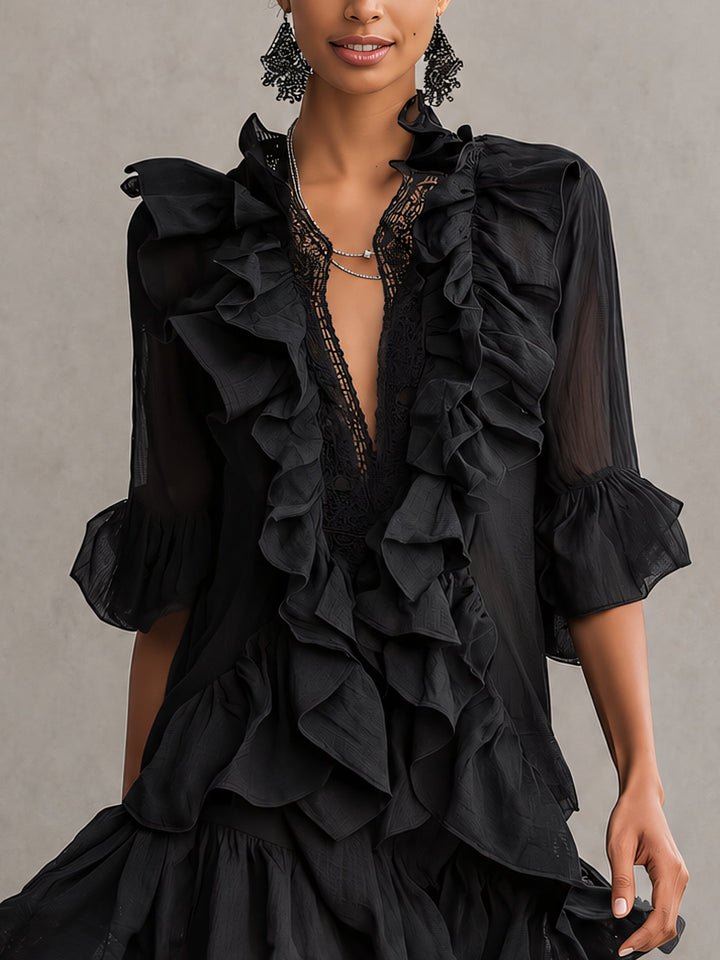 Fekete Chiffon Mini Ruha Rózsákkal - Image 3