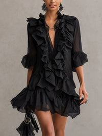 Fekete Chiffon Mini Ruha Rózsákkal