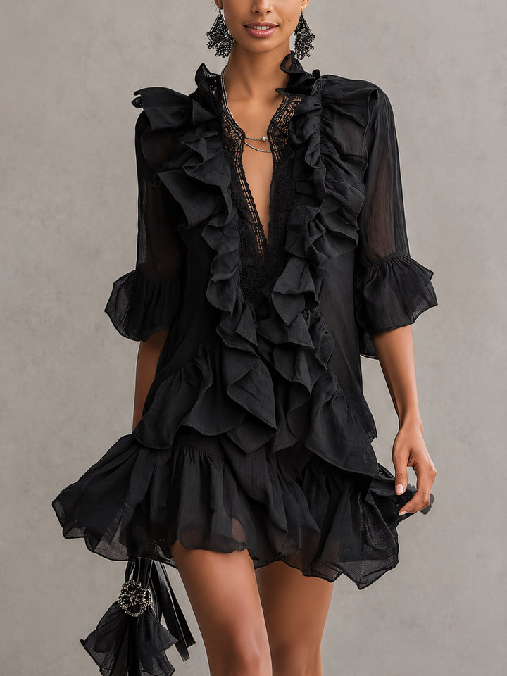 Fekete Chiffon Mini Ruha Rózsákkal - Image 1