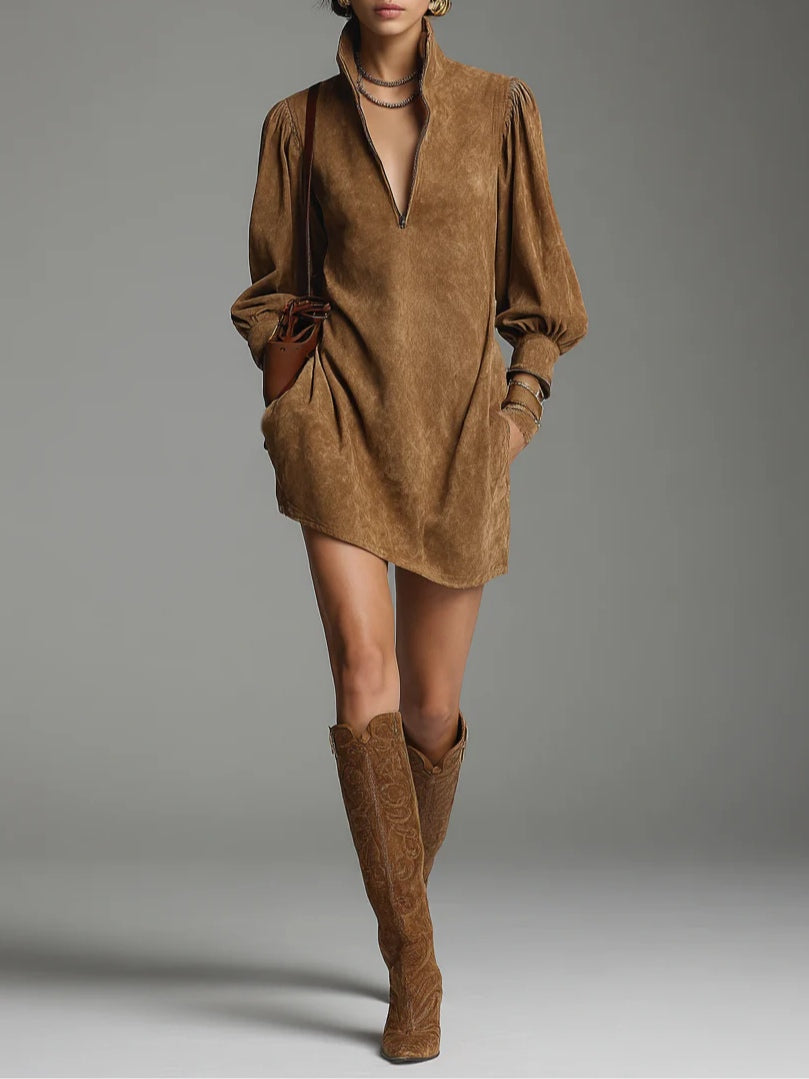 Barna Suede Mini Ruha Cipzárral és Magas Gallérral - Image 1
