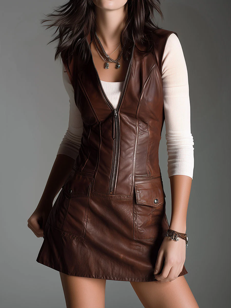 Mini Zip-Up Ruha Öko-Bőr Csokoládébarna - Image 9
