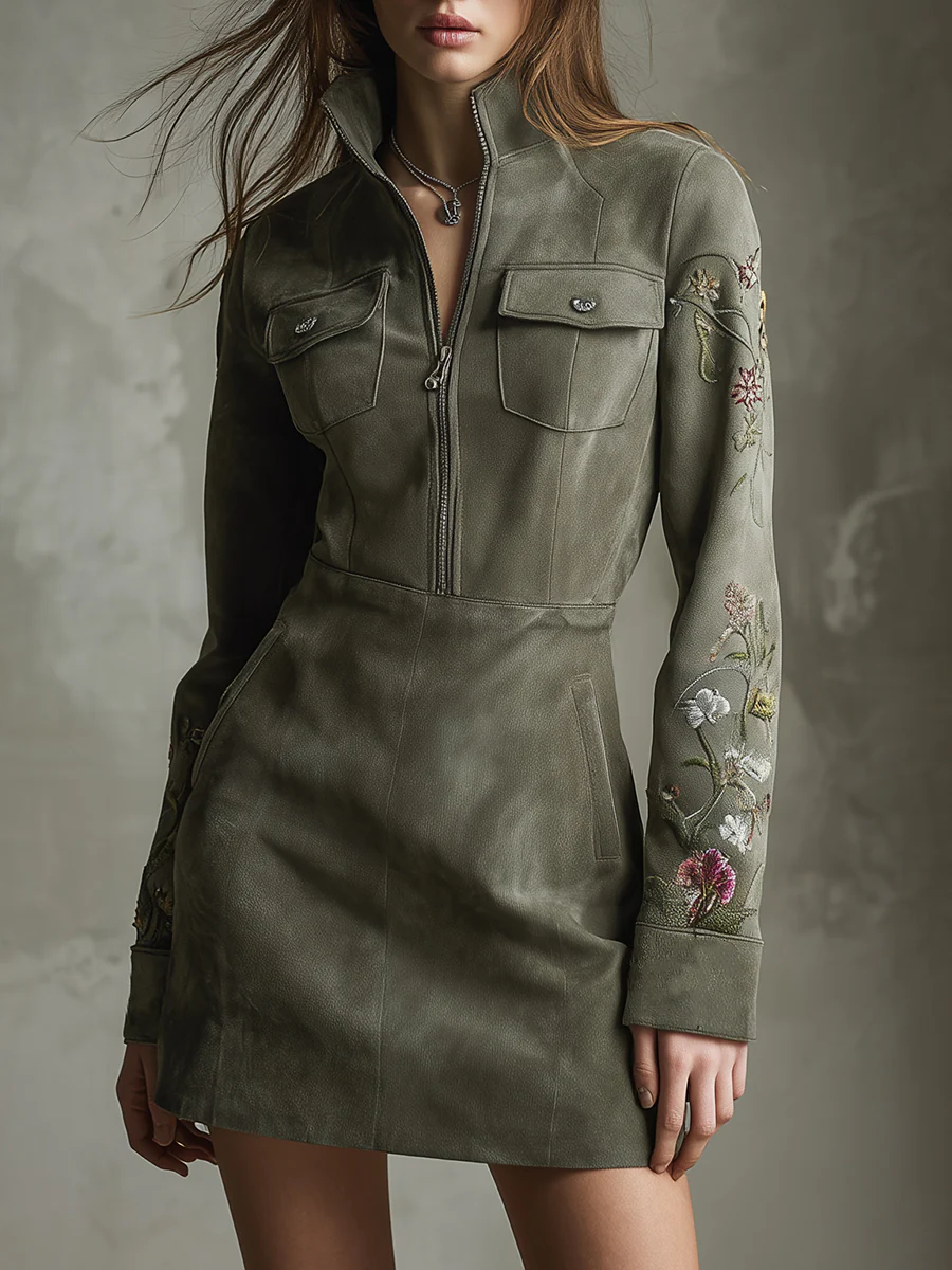 Mini Mezza Zip Suede Szövetben Hímzett Zöld Ruha - Image 1