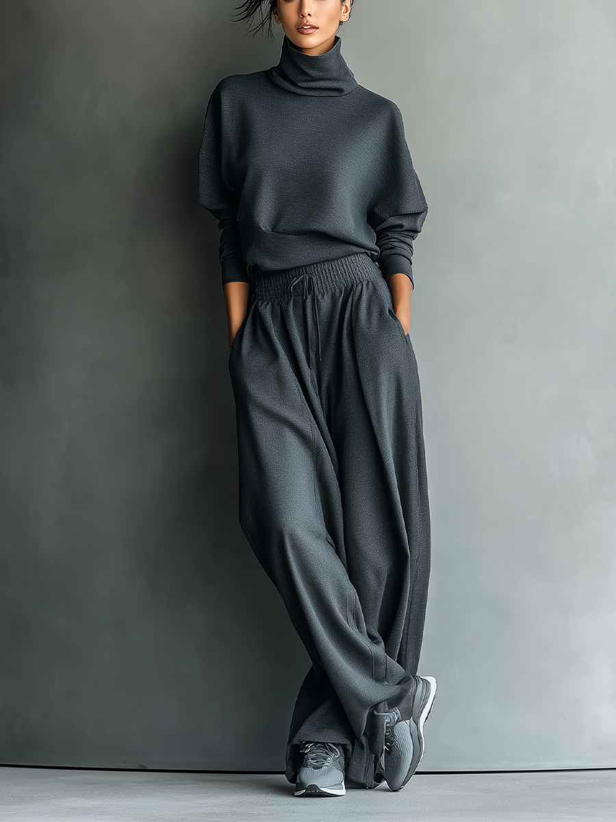 Knit Set Wide Leg Pants loungewear outfit. Cozy cream knitwear, relaxed fit. Image 1 of 5.