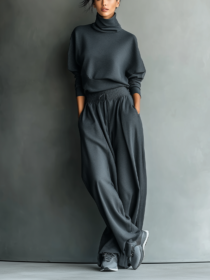 Knit Set Wide Leg Pants loungewear outfit. Cozy cream knitwear, relaxed fit. Image 1 of 5.