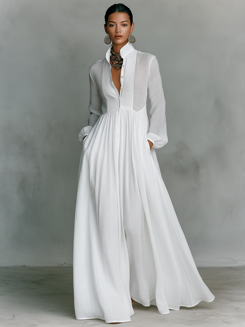 Patchwork linen maxi dress, stand collar, for women. Image 4 of 7.