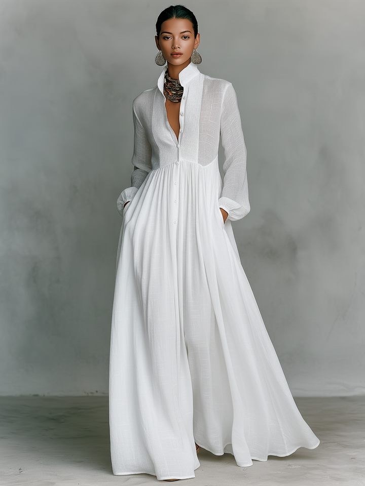 Patchwork linen maxi dress, stand collar, for women. Image 4 of 7.