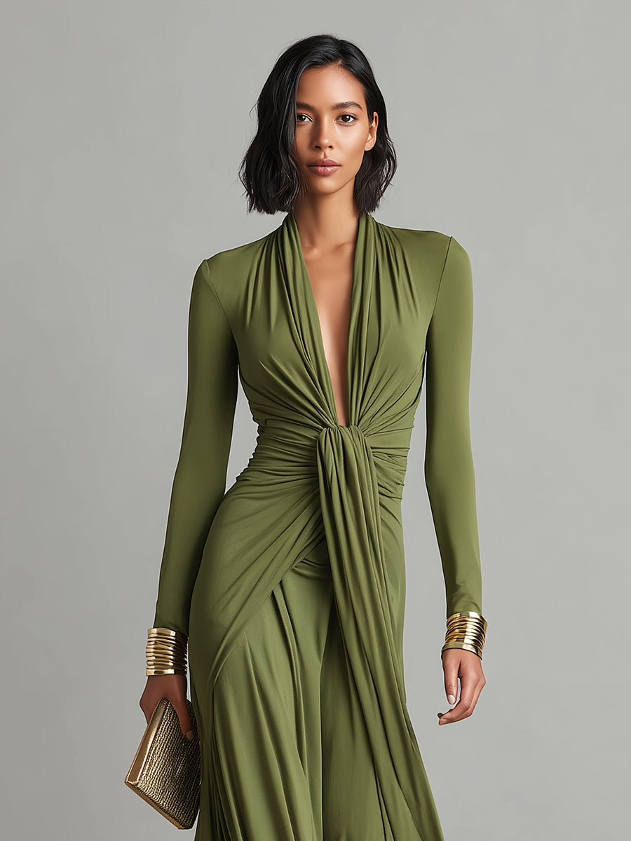 Elegant silk V-neck maxi dress for women, light fabric, perfect for summer. View 2 of 6.