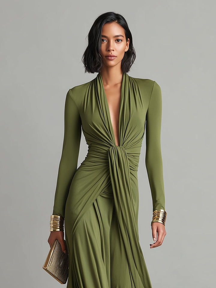 Elegant silk V-neck maxi dress for women, light fabric, perfect for summer. View 2 of 6.