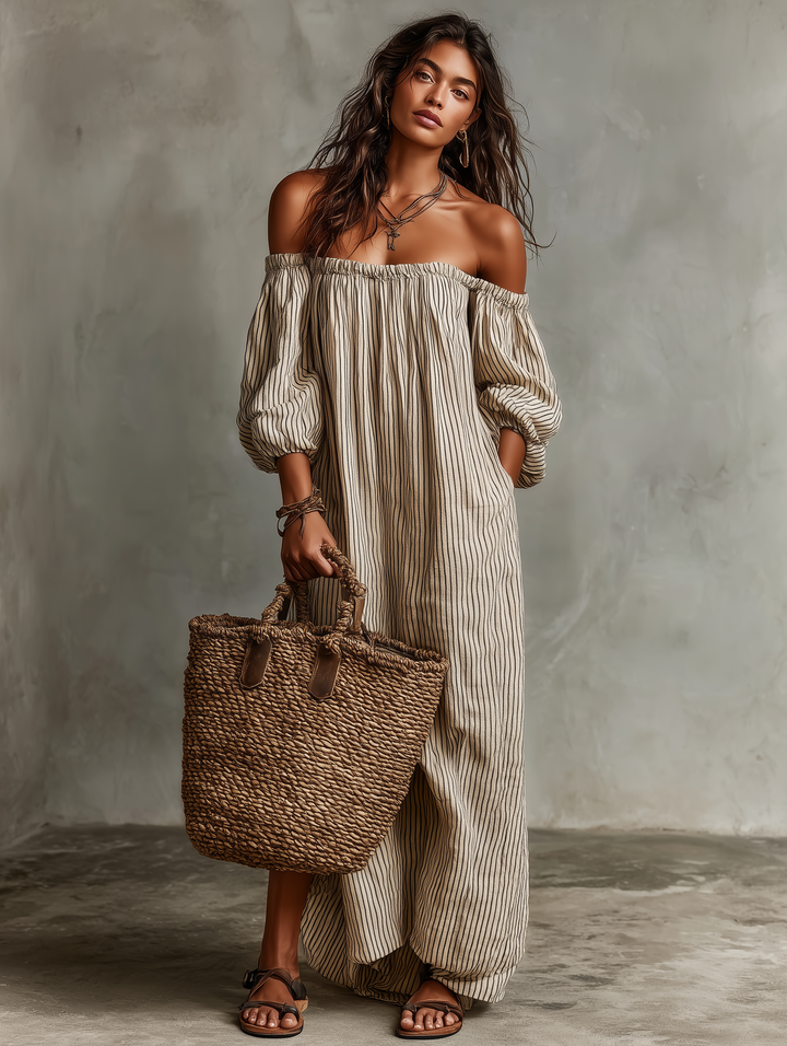 Carmen | Hosszú pamut és len ruha off-the-shoulder dizájnnal