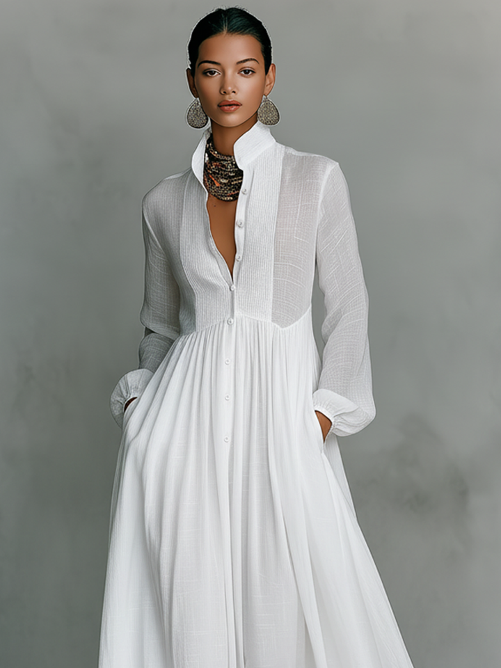 Patchwork linen maxi dress, stand collar, bohemian style. 2 of 7.