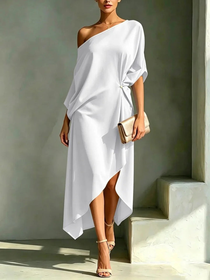Elegant asymmetric dress for women, Camila, side view.