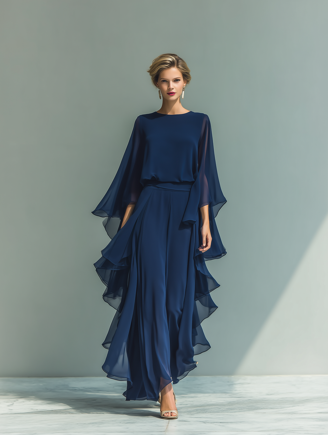 Rüschen Chiffon-Set, eleganter Zweiteiler in Weiß – Bild 2 von 5. Festliche Damenmode.