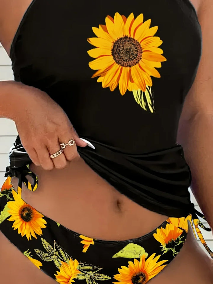 Soleado - Set van tankini met haltertop en zonnebloemprint die de buik bedekt - Image 3